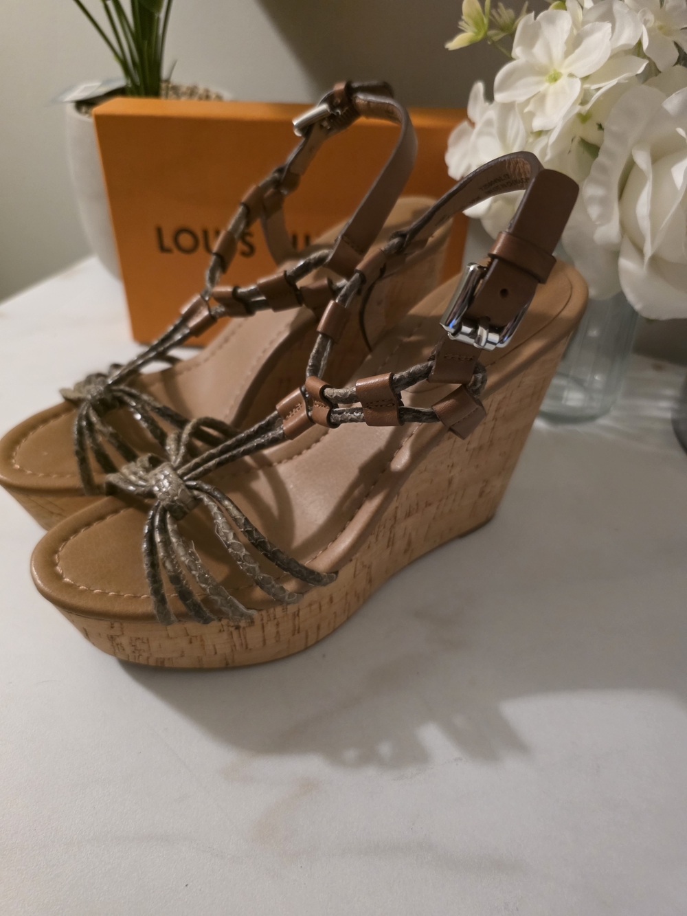 Coach Brown Cork Wedge Sandals with Braided Straps
